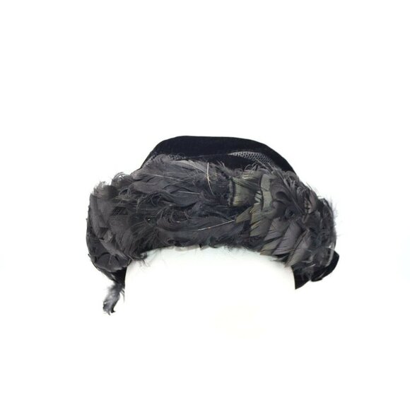 1950s Black Velvet Ostrich Feather Breton Hat Sear - Picture 2 of 6
